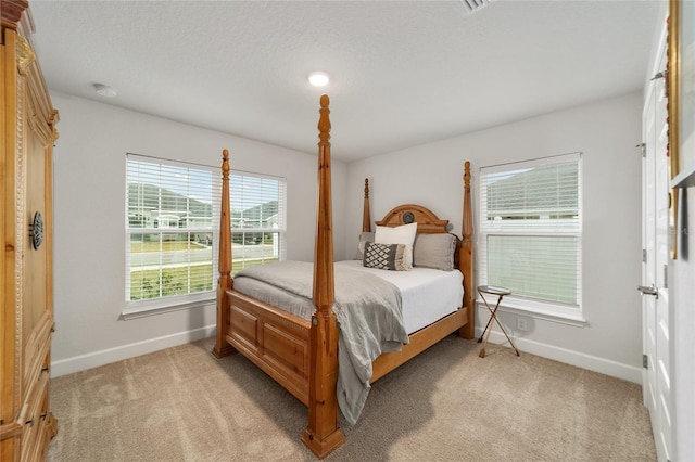 bedroom featuring light carpet