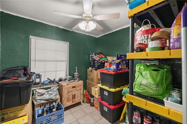 storage area featuring ceiling fan