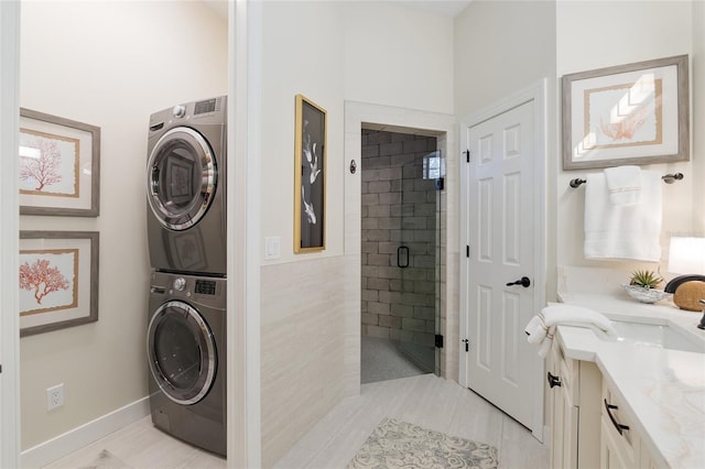 interior space with stacked washer / dryer