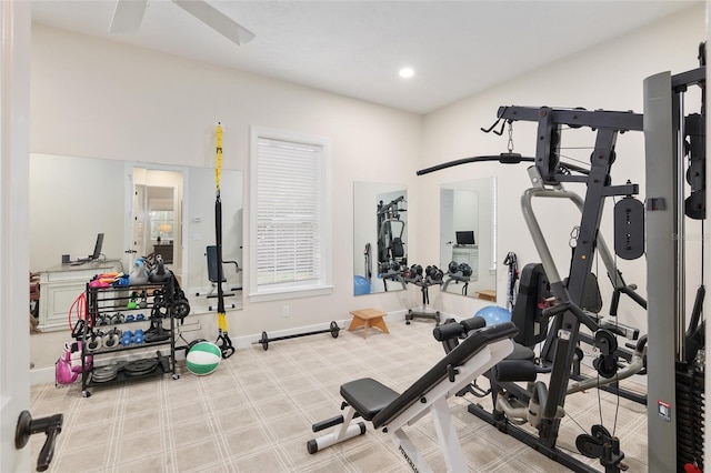 workout area with ceiling fan