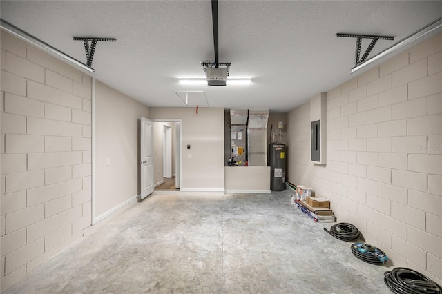 garage with a garage door opener, water heater, heating unit, and electric panel