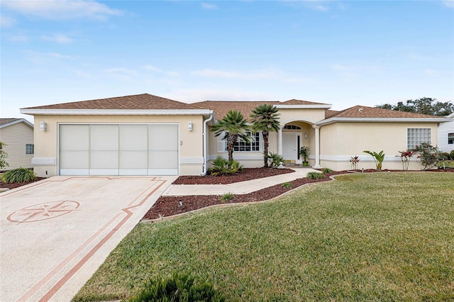 ranch-style house with a front yard and a garage