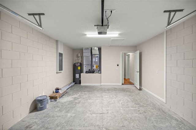 garage with electric panel, a garage door opener, electric water heater, and heating unit