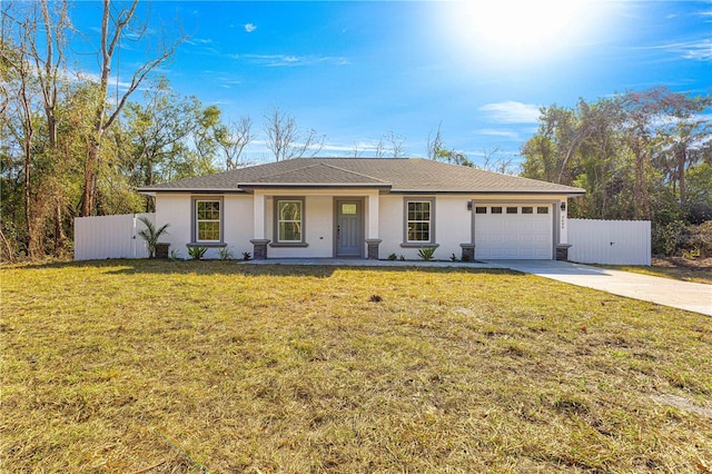 ranch-style house with a front yard and a garage