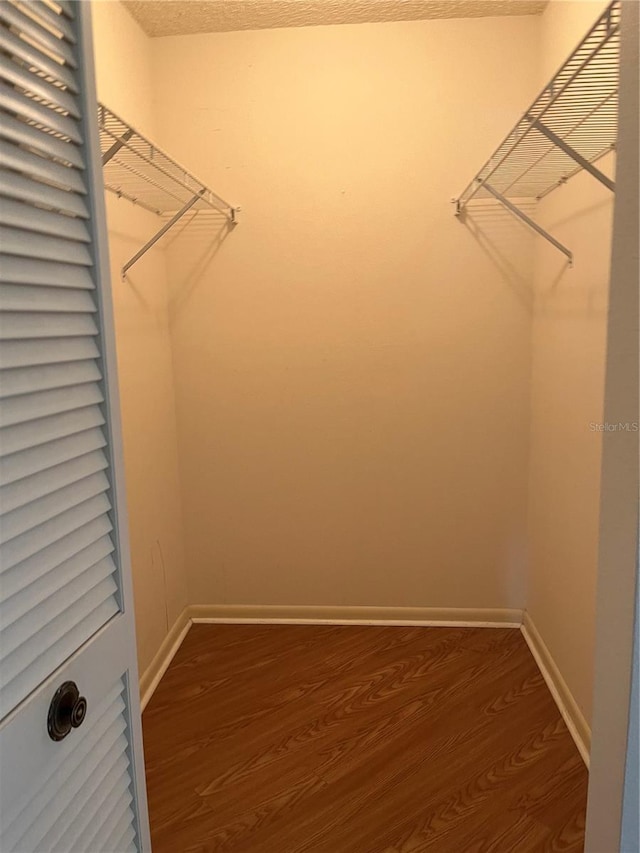 walk in closet with dark hardwood / wood-style flooring