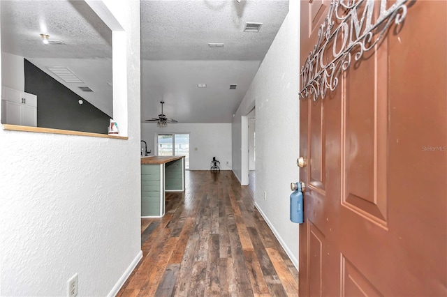 hall featuring sink, dark hardwood / wood-style floors, and a textured ceiling