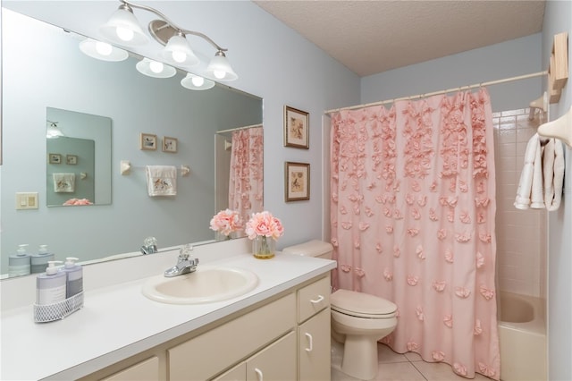 full bathroom with toilet, a textured ceiling, shower / tub combo with curtain, tile patterned floors, and vanity