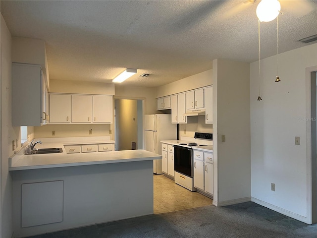 kitchen featuring sink, white appliances, white cabinets, light carpet, and kitchen peninsula