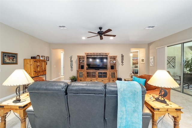 living room featuring ceiling fan