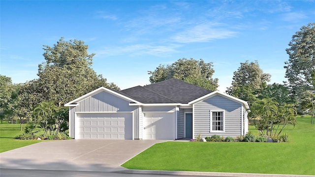 ranch-style house featuring a garage and a front lawn