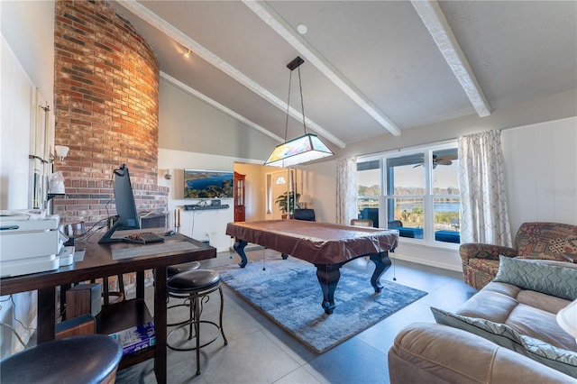 recreation room with pool table, light tile patterned floors, and lofted ceiling with beams