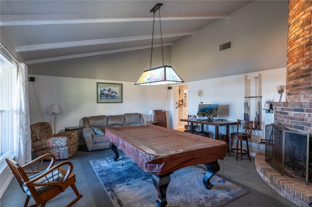 game room featuring high vaulted ceiling, billiards, a fireplace, and beam ceiling