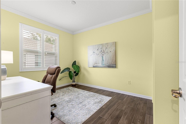 office with dark hardwood / wood-style flooring and crown molding