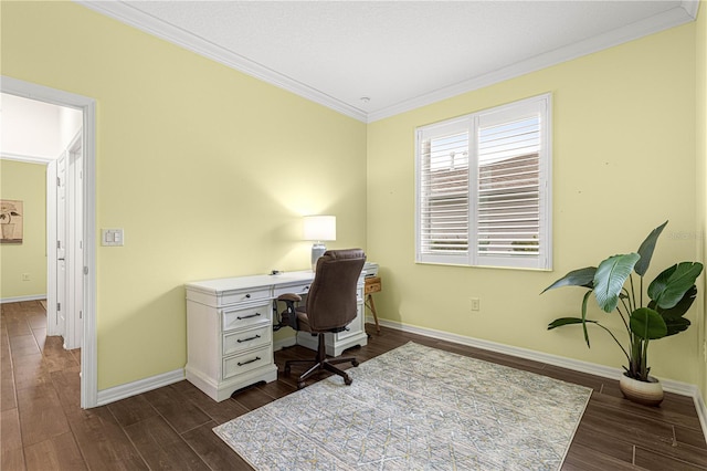 office space featuring dark hardwood / wood-style flooring and crown molding