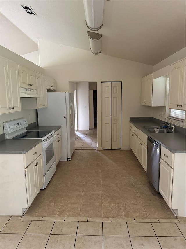 kitchen featuring lofted ceiling, dishwasher, white cabinets, white range with electric cooktop, and sink