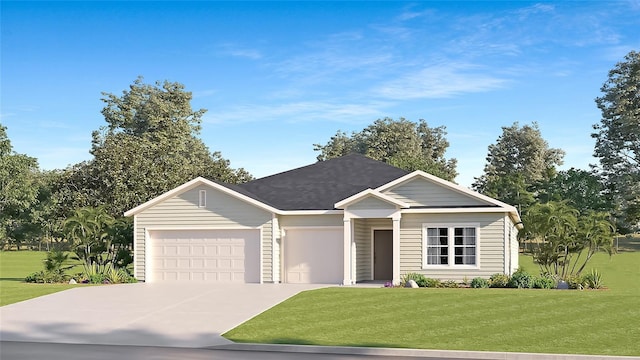 view of front of property with a front yard and a garage