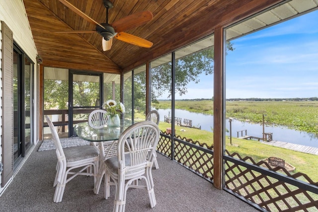 sunroom / solarium with ceiling fan, wood ceiling, a water view, and vaulted ceiling