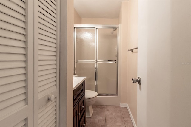 10918 SE 50th Ave, Belleview, FL 34420 - bathroom featuring toilet, tile patterned floors, an enclosed shower, and vanity