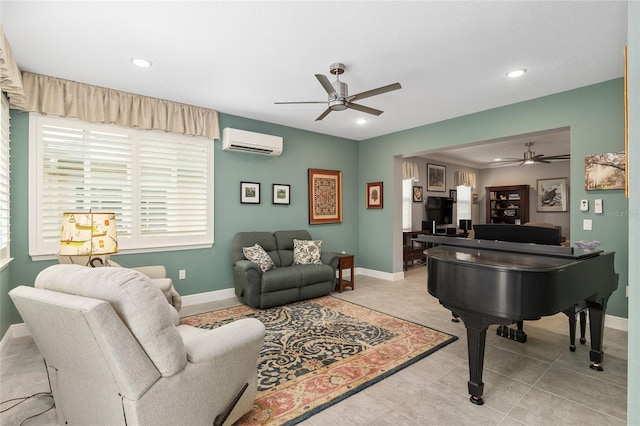 living room with ceiling fan, light tile patterned floors, and a wall mounted air conditioner