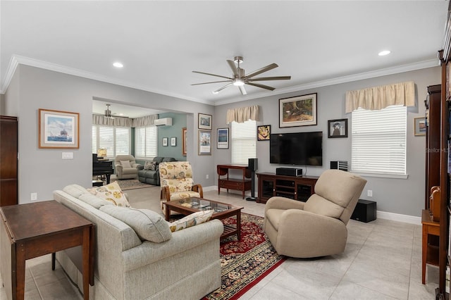 tiled living room with a wall unit AC, ceiling fan, and ornamental molding