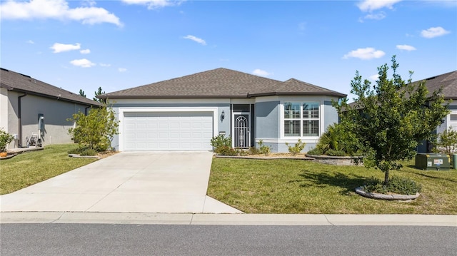 ranch-style home with a garage and a front yard