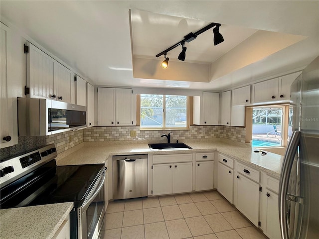 kitchen featuring a sink, appliances with stainless steel finishes, decorative backsplash, a tray ceiling, and plenty of natural light