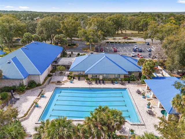 pool with a view of trees and a patio