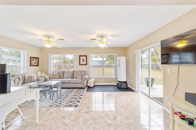 living room with ceiling fan