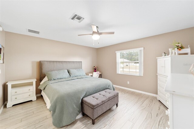 bedroom with ceiling fan and light wood-type flooring