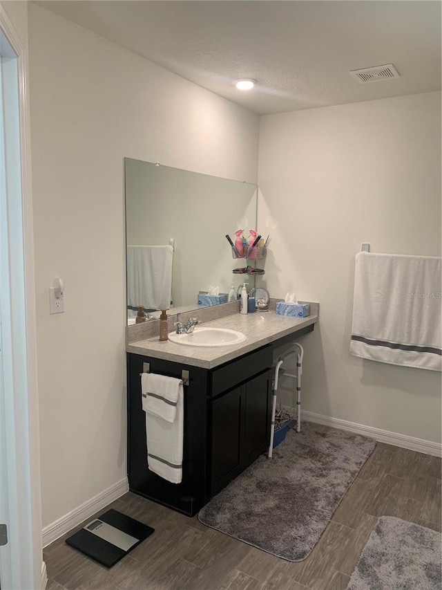 bathroom with wood-type flooring and vanity