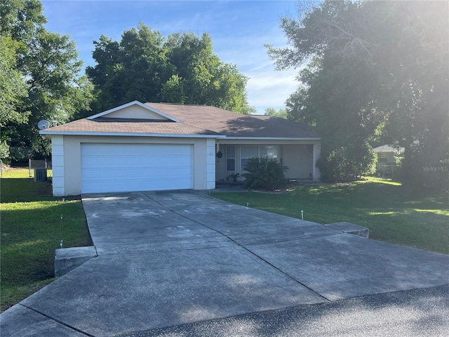 single story home with a front lawn and a garage