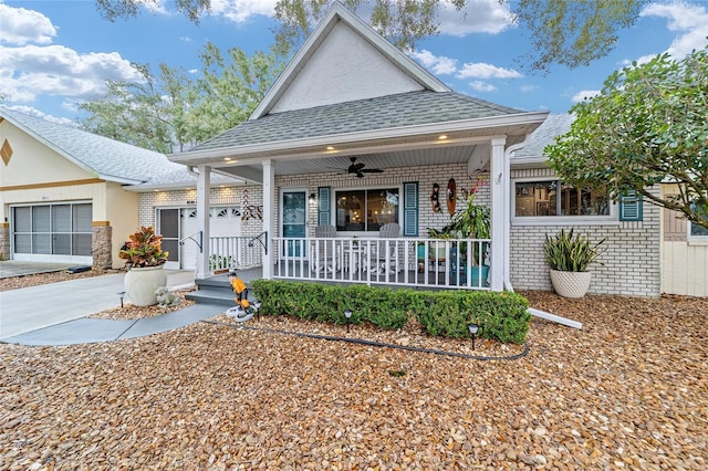 view of front of home with ceiling fan and a porch