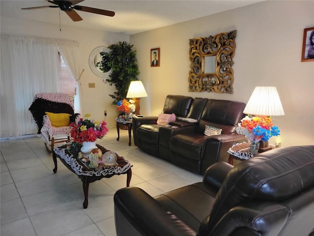 tiled living room with ceiling fan