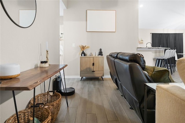 living room featuring dark wood-type flooring