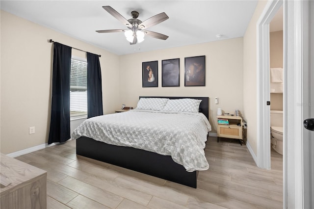 bedroom with light wood-type flooring, baseboards, and a ceiling fan