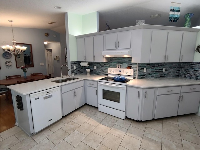 kitchen featuring kitchen peninsula, white appliances, hanging light fixtures, white cabinets, and sink