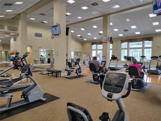 exercise room with a high ceiling and carpet flooring