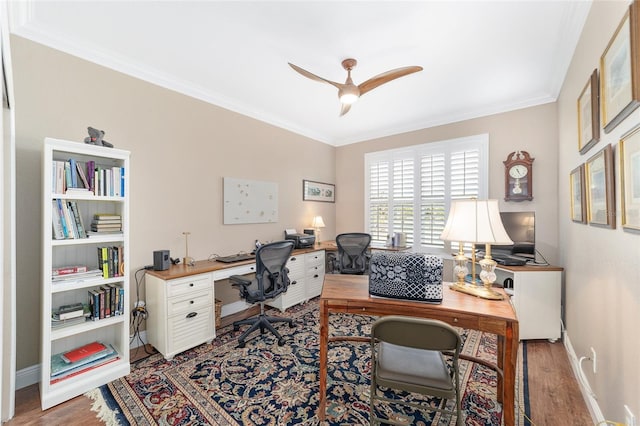 home office with ceiling fan, dark wood-type flooring, and crown molding