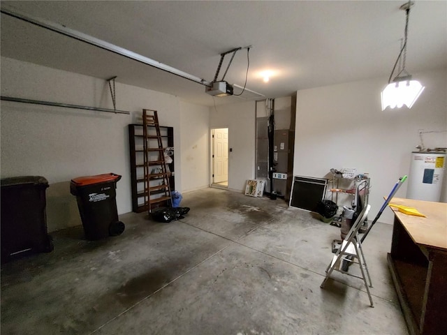 garage with water heater, heating unit, and a garage door opener