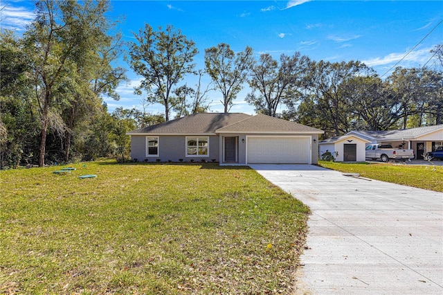 single story home featuring a front lawn and a garage