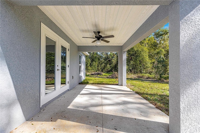 view of patio with ceiling fan and french doors