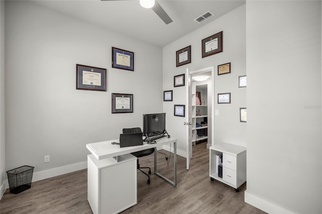 home office with ceiling fan and hardwood / wood-style floors