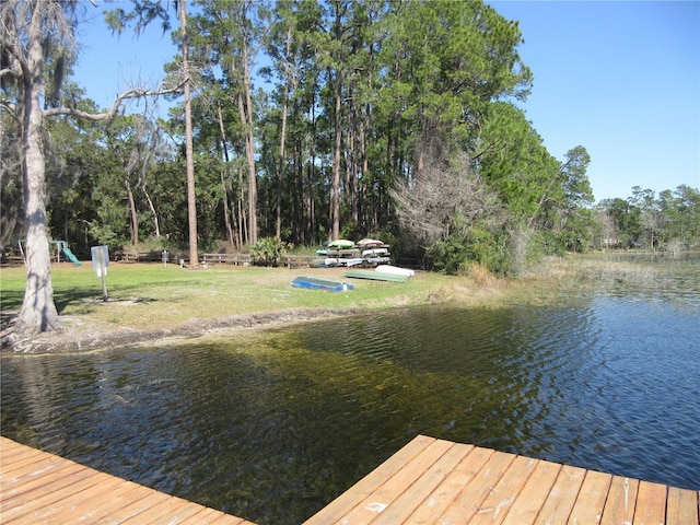 dock area featuring a yard and a water view