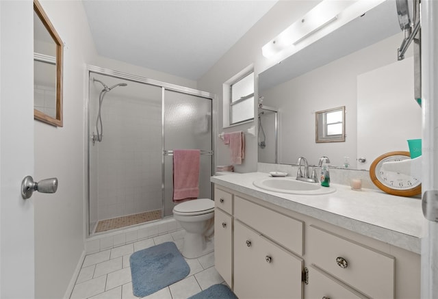 bathroom featuring tile patterned flooring, vanity, toilet, and walk in shower