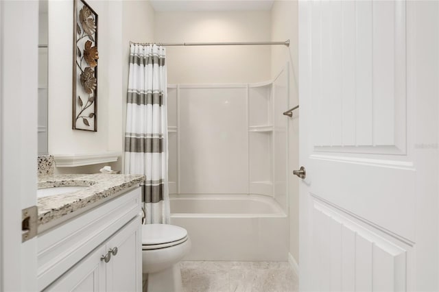 full bathroom with toilet, shower / tub combo, and vanity