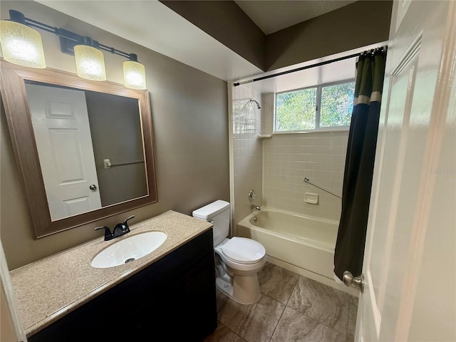 full bathroom with toilet, vanity, and shower / bathtub combination with curtain