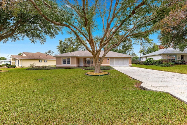 single story home with a front lawn and a garage