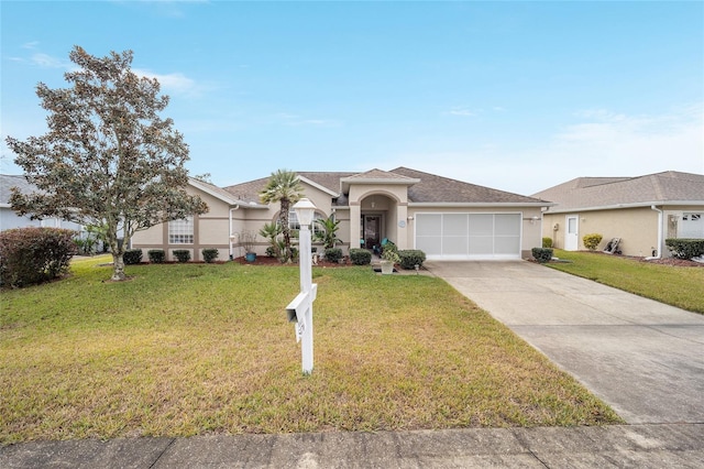 ranch-style house with a front yard and a garage