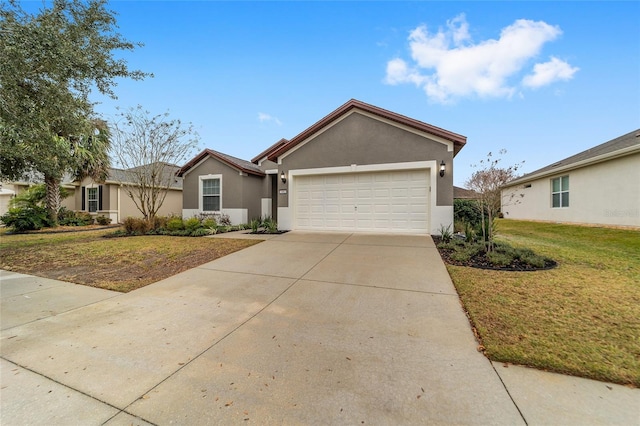 ranch-style house with a front lawn and a garage