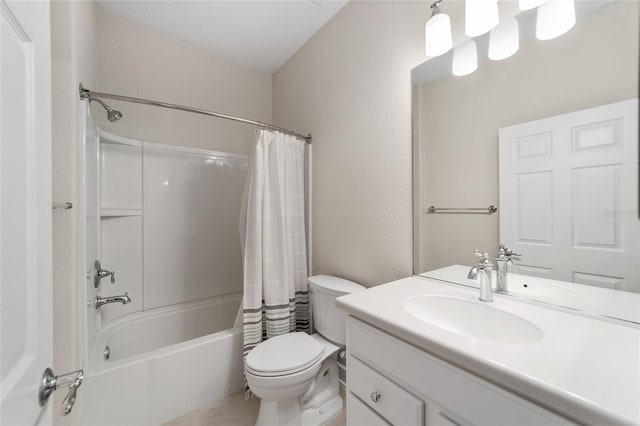 full bathroom featuring toilet, vanity, and shower / bath combination with curtain